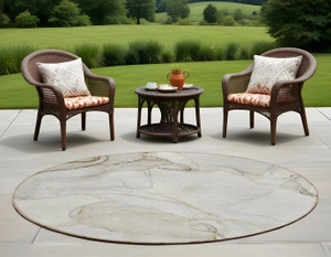 8' Round Beige and Ivory Round Abstract Washable Non Skid Indoor Outdoor Area Rug