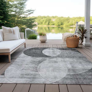 9' X 12' Gray And Charcoal Geometric Washable Indoor Outdoor Area Rug - Gray, Charcoal