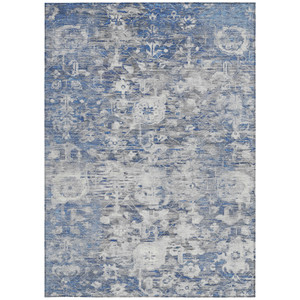 9' X 12' Blue And Denim Blue Floral Washable Indoor Outdoor Area Rug