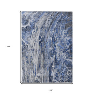 10' X 14' Denim Blue And Navy Blue Abstract Washable Indoor Outdoor Area Rug