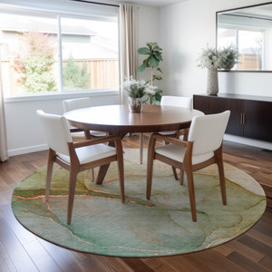 8' Teal Blue Round Abstract Washable Indoor Outdoor Area Rug