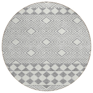 8' Gray And Ivory Round Geometric Washable Indoor Outdoor Area Rug - 608219323844