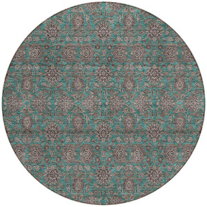 8' Teal Blue Beige And Taupe Round Floral Washable Indoor Outdoor Area Rug