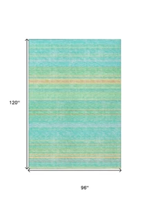 8' X 10' Aqua Green And Yellow Striped Washable Indoor Outdoor Area Rug