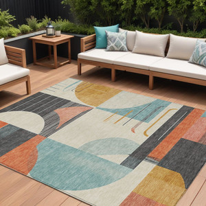 10' X 14' Gray Gold And Salmon Geometric Washable Indoor Outdoor Area Rug