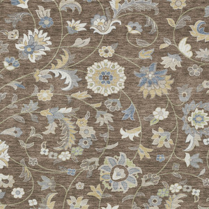9' X 12' Chocolate Beige And Blue Floral Washable Indoor Outdoor Area Rug