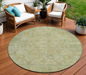 8' Sage Green And Brown Round Oriental Washable Indoor Outdoor Area Rug