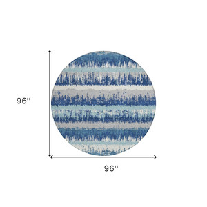 8' Blue Gray And Ivory Round Striped Washable Indoor Outdoor Area Rug - 608219246761