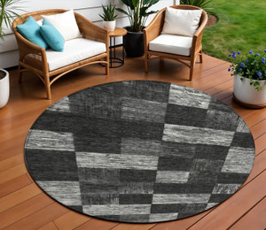 8' Black And Gray Round Geometric Washable Indoor Outdoor Area Rug - Black, Gray