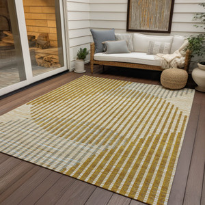 10' X 14' Gold And Beige Geometric Washable Indoor Outdoor Area Rug - 608219291358