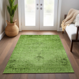 10' X 14' Green And Olive Green Oriental Washable Indoor Outdoor Area Rug - Green, Olive Green