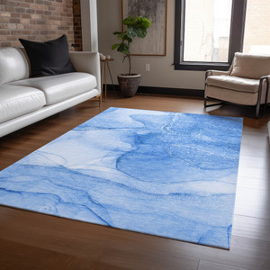 9' X 12' Blue Abstract Washable Non Skid Indoor Outdoor Area Rug - 608219337735