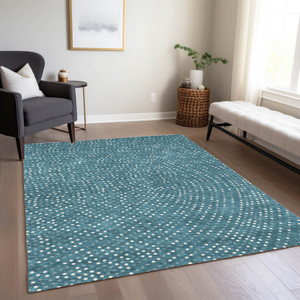 9' X 12' Teal Blue Gray And Ivory Polka Dot Washable Indoor Outdoor Area Rug - Teal Blue, Gray, Ivory