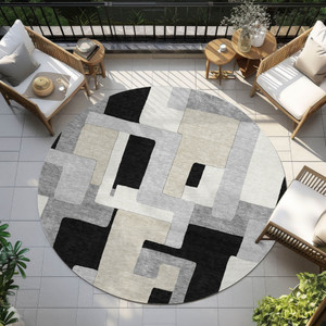 8' Black Ivory And Beige Round Geometric Washable Indoor Outdoor Area Rug
