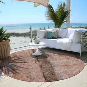 8' Orange Peach And Brown Round Abstract Washable Indoor Outdoor Area Rug