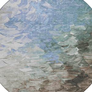 8' Denim Blue Taupe And Ivory Round Abstract Washable Indoor Outdoor Area Rug