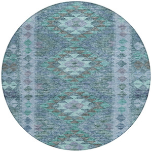 8' Blue Round Geometric Washable Indoor Outdoor Area Rug