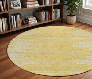 8' Gold And Ivory Round Abstract Washable Indoor Outdoor Area Rug Transitional Style - Gold, Ivory Color