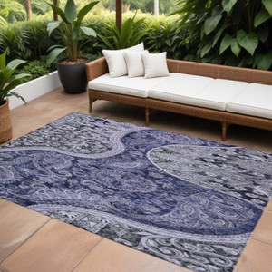 10' X 14' Navy Blue Gray And Green Floral Medallion Washable Indoor Outdoor Area Rug