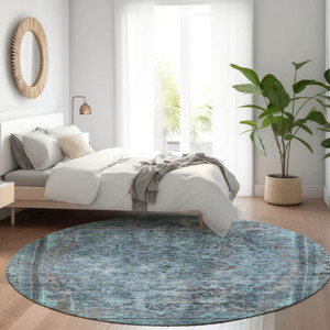 8' Blue And Gray Round Medallion Washable Indoor Outdoor Area Rug
