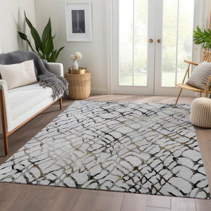 10' X 14' Silver Gray And Charcoal Abstract Washable Indoor Outdoor Area Rug
