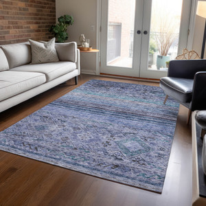 9' X 12' Blue Aqua And Charcoal Floral Washable Indoor Outdoor Area Rug