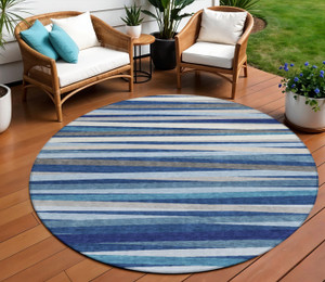 8' Navy Blue Ivory And Gray Round Striped Washable Indoor Outdoor Area Rug