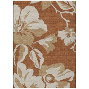 8' X 10' Terra Cotta And Beige Floral Washable Indoor Outdoor Area Rug