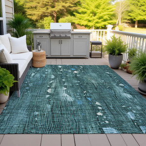 9' X 12' Teal Blue And Ivory Abstract Washable Indoor Outdoor Area Rug - Teal Blue, Ivory
