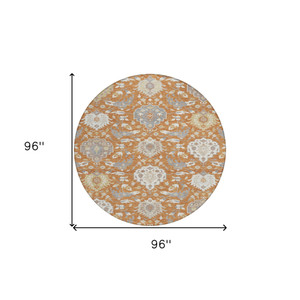 8' Copper Ivory And Gray Round Damask Washable Indoor Outdoor Area Rug