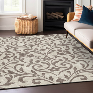 9' X 12' Taupe And Ivory Floral Washable Indoor Outdoor Area Rug