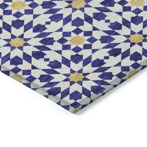 9' X 12' Navy Blue And Ivory Floral Medallion Washable Indoor Outdoor Area Rug