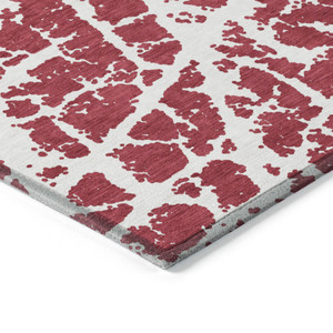 9' X 12' Red and White Abstract Washable Non Skid Indoor Outdoor Area Rug