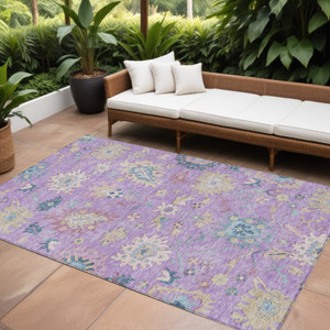 9' X 12' Purple Ivory And Denim Blue Floral Washable Indoor Outdoor Area Rug
