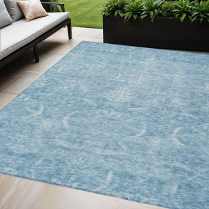 8' X 10' Sky Blue And Ivory Damask Washable Indoor Outdoor Area Rug