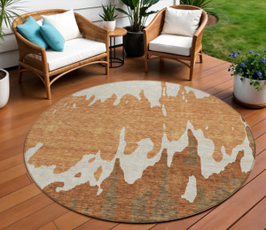 8' Orange And Brown Round Abstract Washable Indoor Outdoor Area Rug