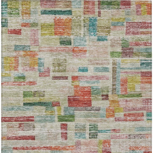 10' X 14' Terra Cotta Green And Brown Striped Washable Indoor Outdoor Area Rug