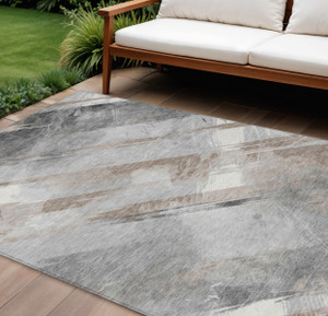 8' X 10' Taupe And Gray Striped Washable Indoor Outdoor Area Rug