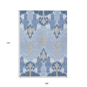 9' X 12' Sky Blue Denim Blue And Ivory Ikat Washable Indoor Outdoor Area Rug
