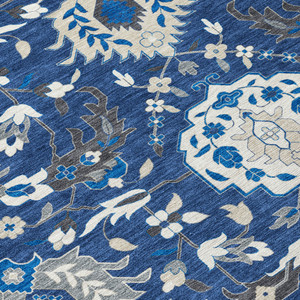 8' X 10' Navy Blue Charcoal And Ivory Damask Washable Indoor Outdoor Area Rug