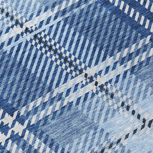 8' Navy Blue Black And Ivory Round Plaid Washable Indoor Outdoor Area Rug