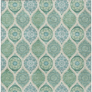 10' X 14' Sage Ivory And Teal Blue Floral Medallion Washable Indoor Outdoor Area Rug