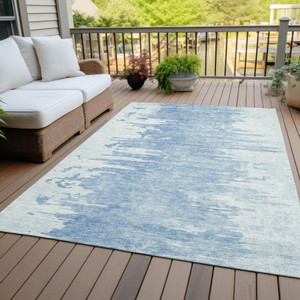 10' X 14' Sky Blue And Denim Blue Abstract Washable Indoor Outdoor Area Rug