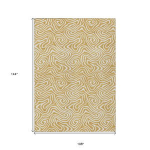 9' X 12' Gold And Ivory Abstract Washable Indoor Outdoor Area Rug - 880016423952