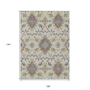 9' X 12' Ivory Brown And Green Oriental Washable Indoor Outdoor Area Rug
