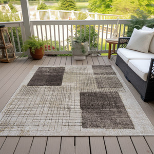 10' X 14' Brown And Taupe Geometric Washable Indoor Outdoor Area Rug