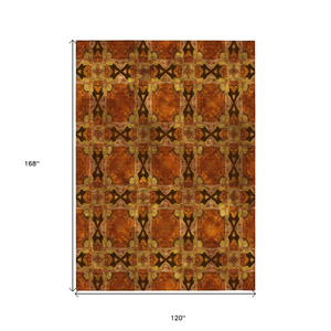10' X 14' Orange and Rust Floral Medallion Washable Non Skid Indoor Outdoor Area Rug