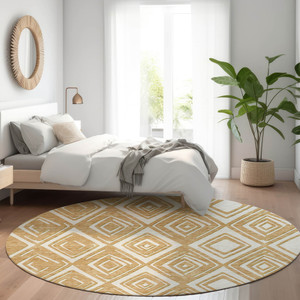 8' Gold And Ivory Round Geometric Washable Indoor Outdoor Area Rug - Gold, Ivory