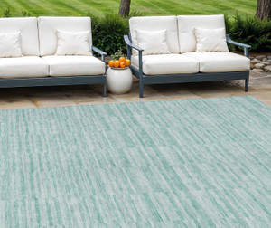 10' X 14' Turquoise Teal Blue And Gray Striped Washable Indoor Outdoor Area Rug