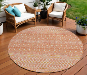 8' Salmon Gold And Ivory Round Tribal Washable Indoor Outdoor Area Rug